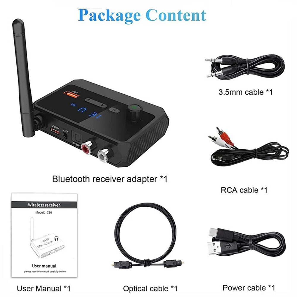 Bluetooth 5.3 Home Stereo Audio Receiver AUX USB Optical HD Music to RCA Adapter
