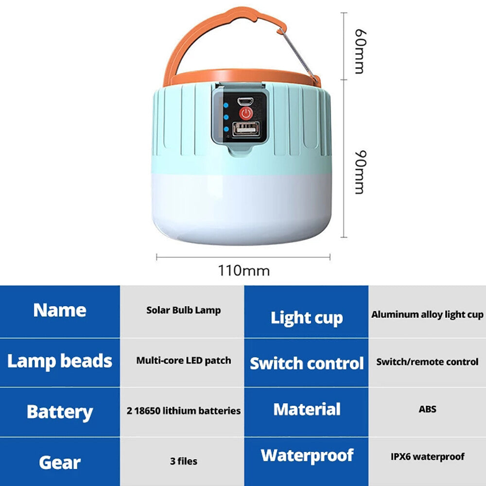 Bright Remote Control Solar LED Camping Lamp Rechargeable Light Bulb Tent Light
