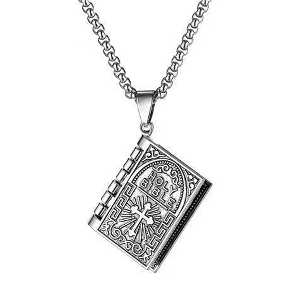 Bible Book Pendant Necklace Vintage Silver Cross Unique Jewelry for Men Women US