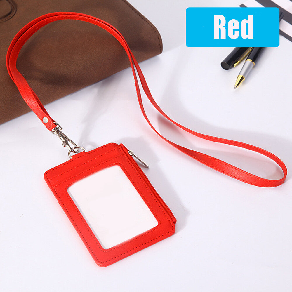 Vertical Leather ID Card Holder Badge Wallet Pocket W/6 Slot Neck Strap Lanyard