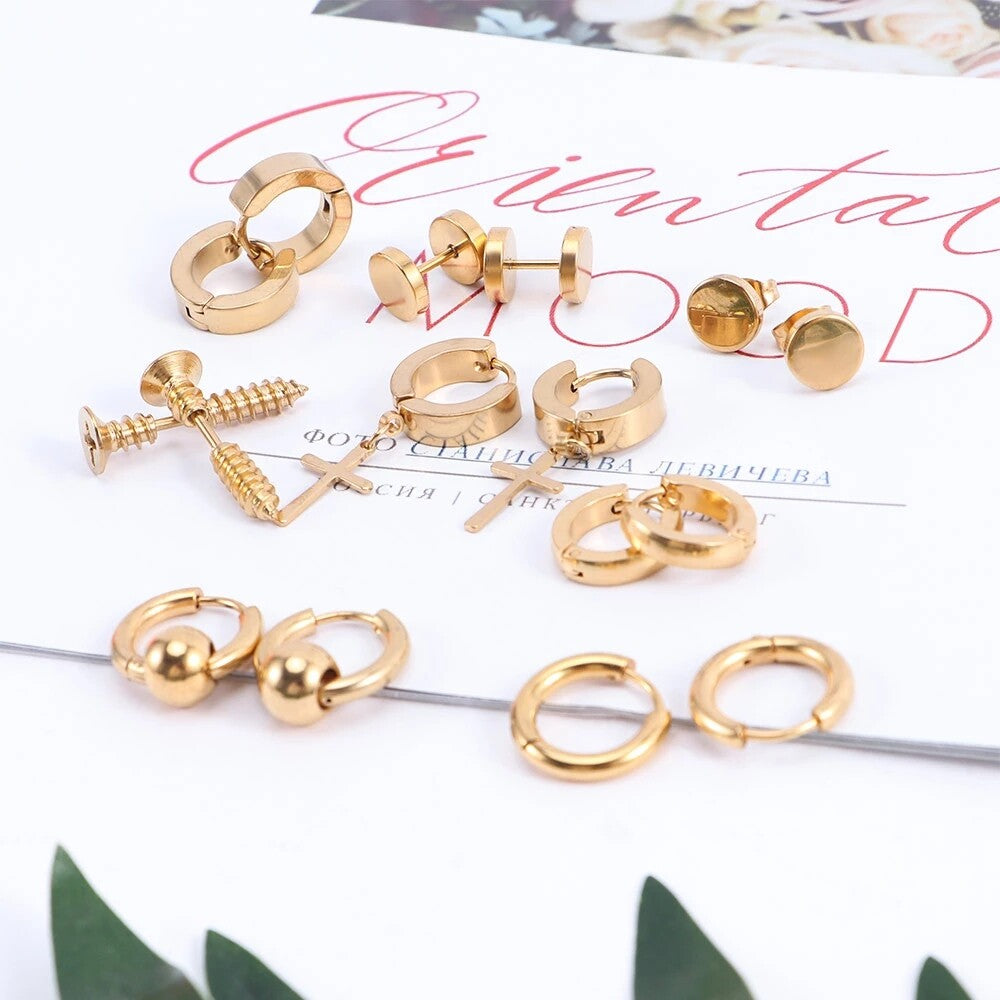 8 Pairs Stainless Steel Punk Black Earrings Stud Piercing Men Hoop Gothic Unisex