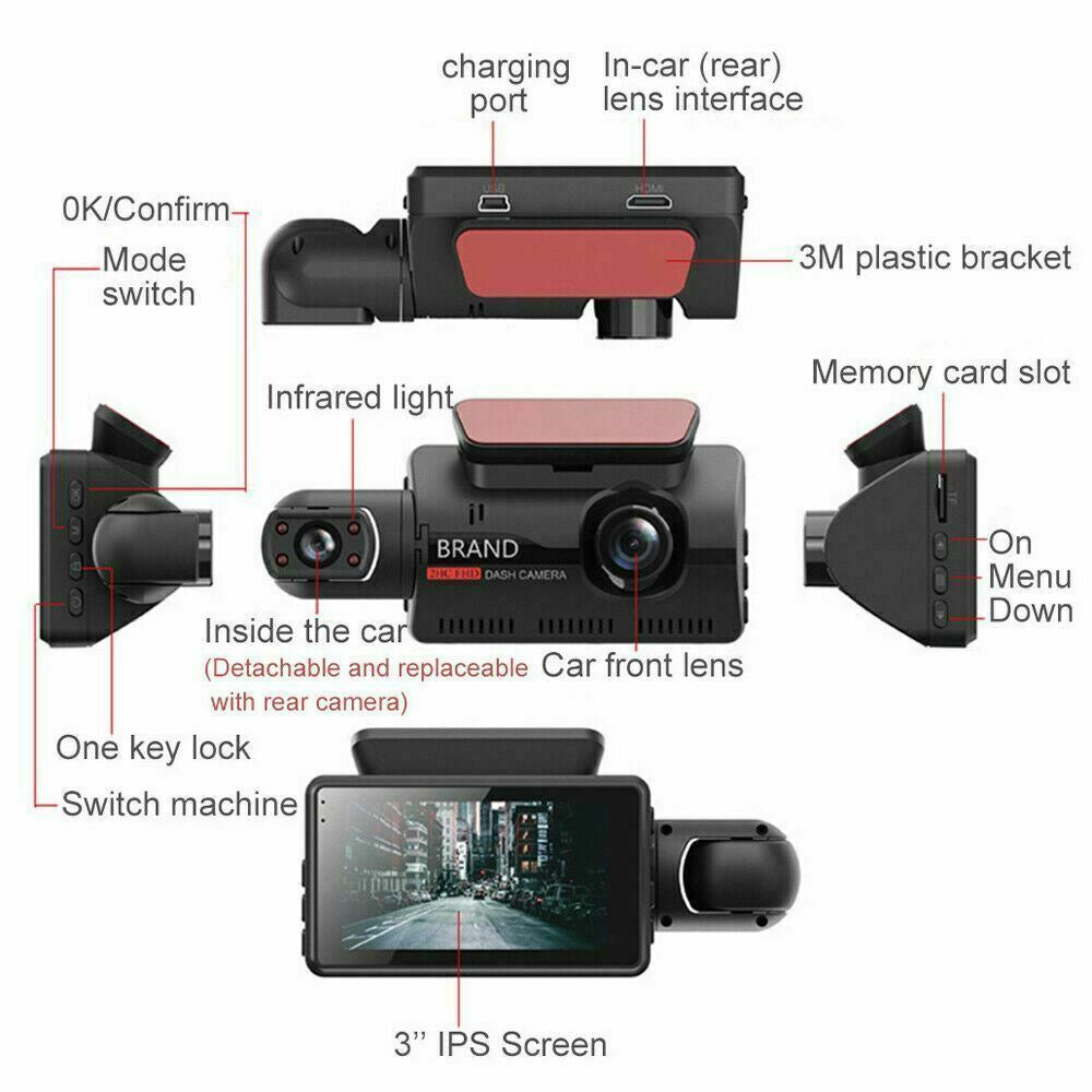 Dual Lens Car DVR Dash Cam Video Recorder G-Sensor 1080P Front and inside Camera