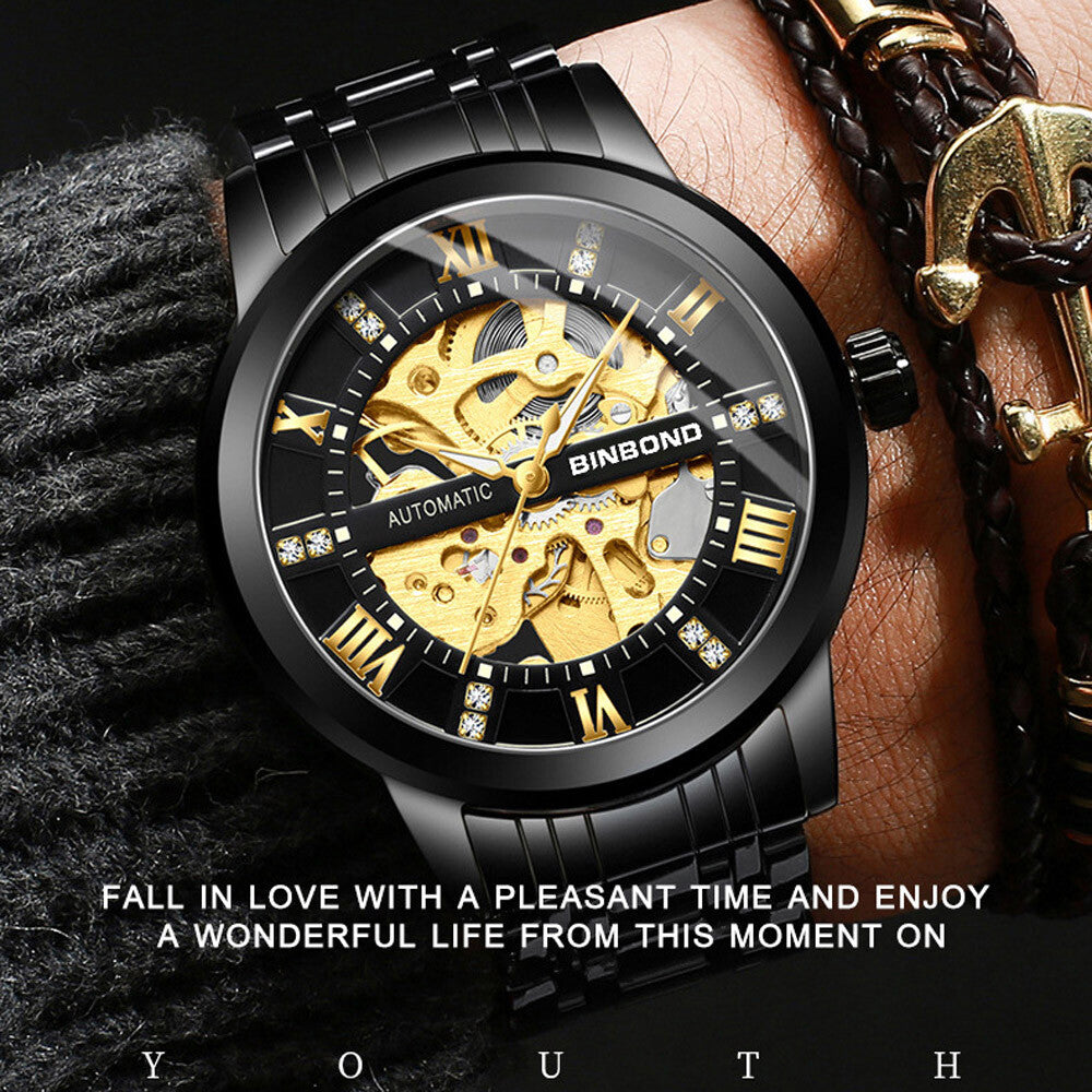 Luxury Men'S Stainless Steel Gold Tone Skeleton Automatic Mechanical Wrist Watch
