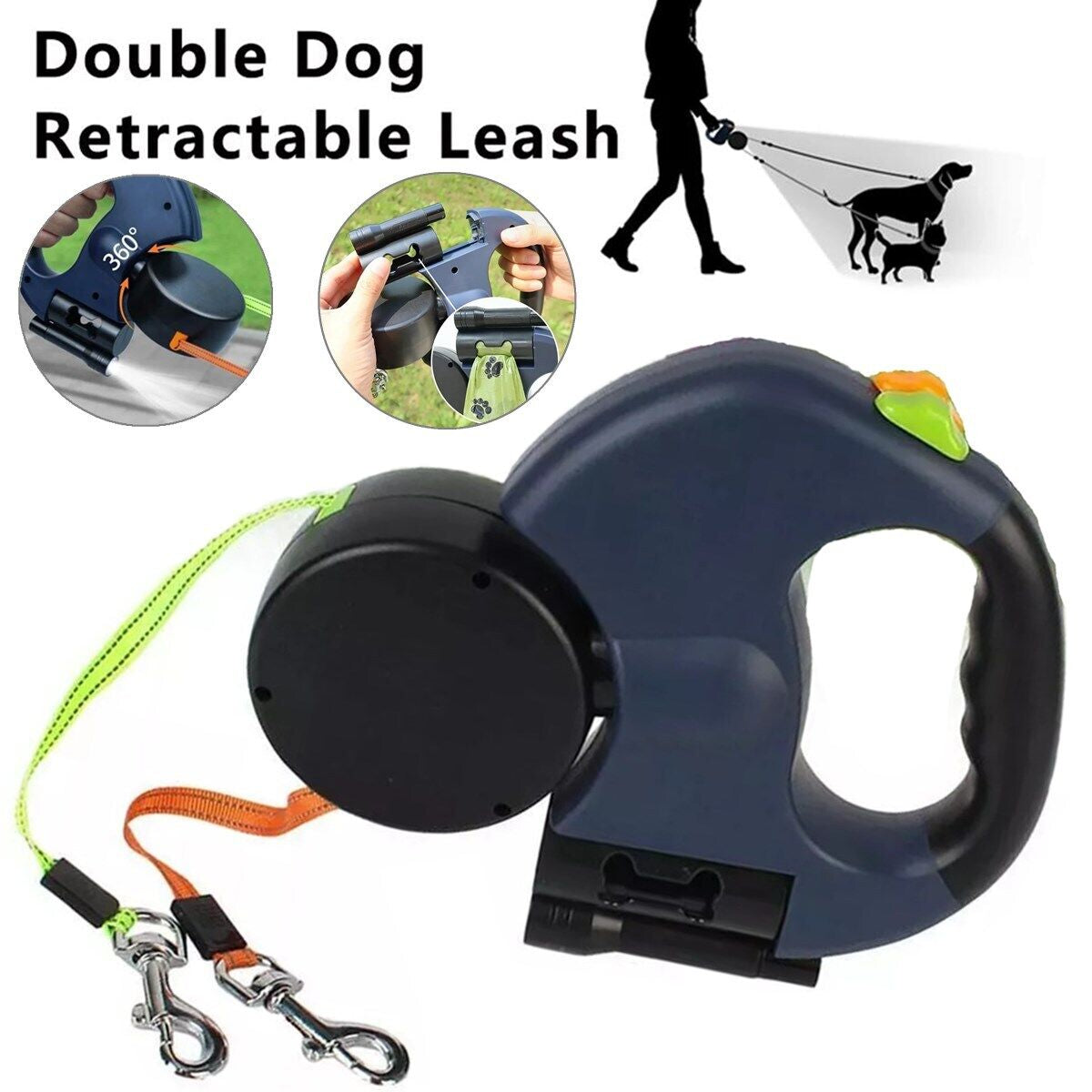 Dual Pet Leash Retractable Reflective Lead 360 Swivel Double Dog Walking Leash