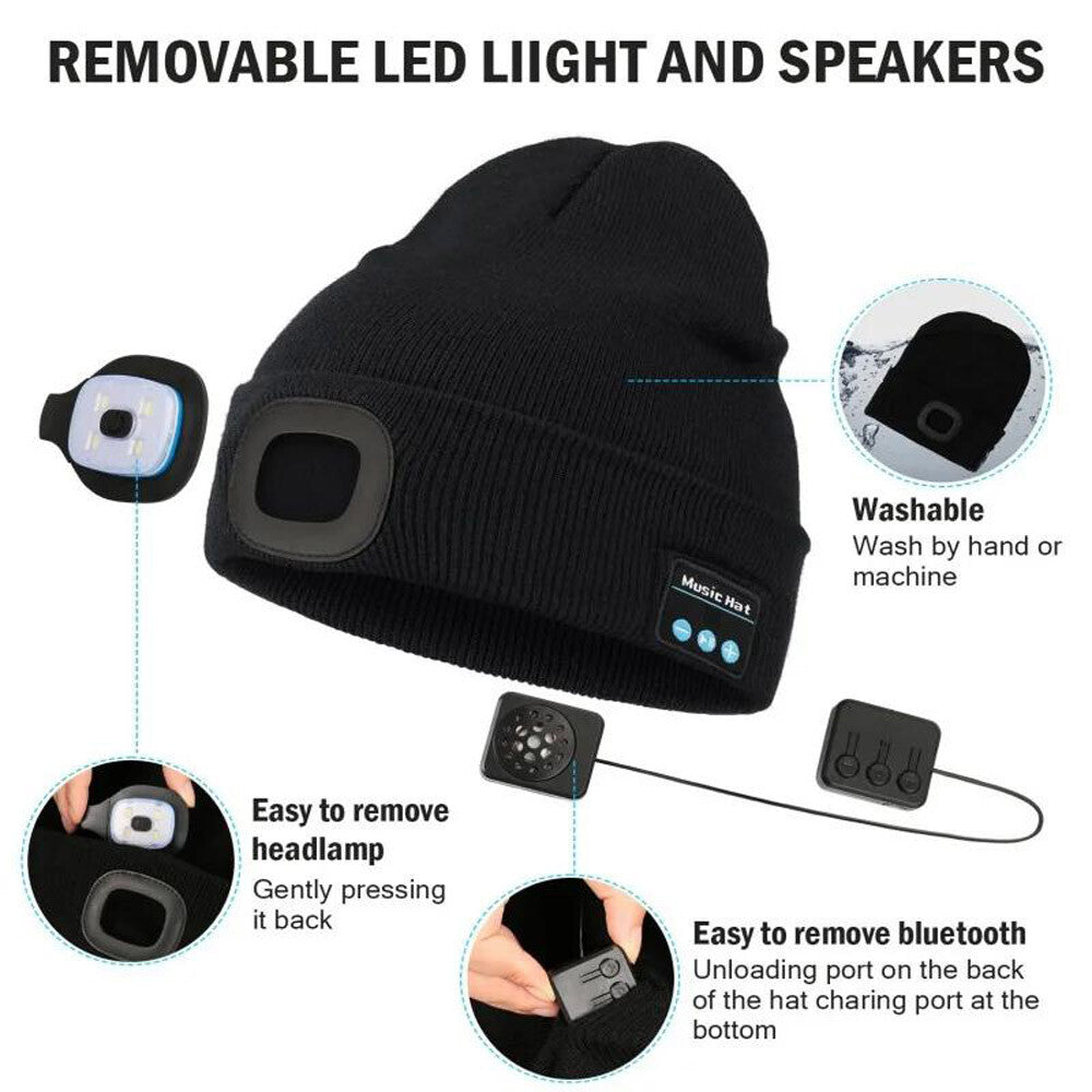 Bluetooth LED Beanie Hat with Music Speakers Mic Rechargeable Cap Head Lamp Gift