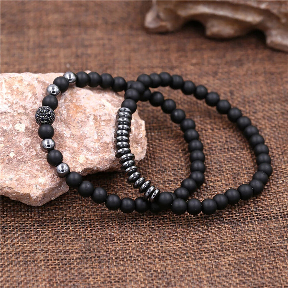 3PCS Black Beads Stainless Steel Bracelet Bangle Jewelry Gift for Men Fashion US