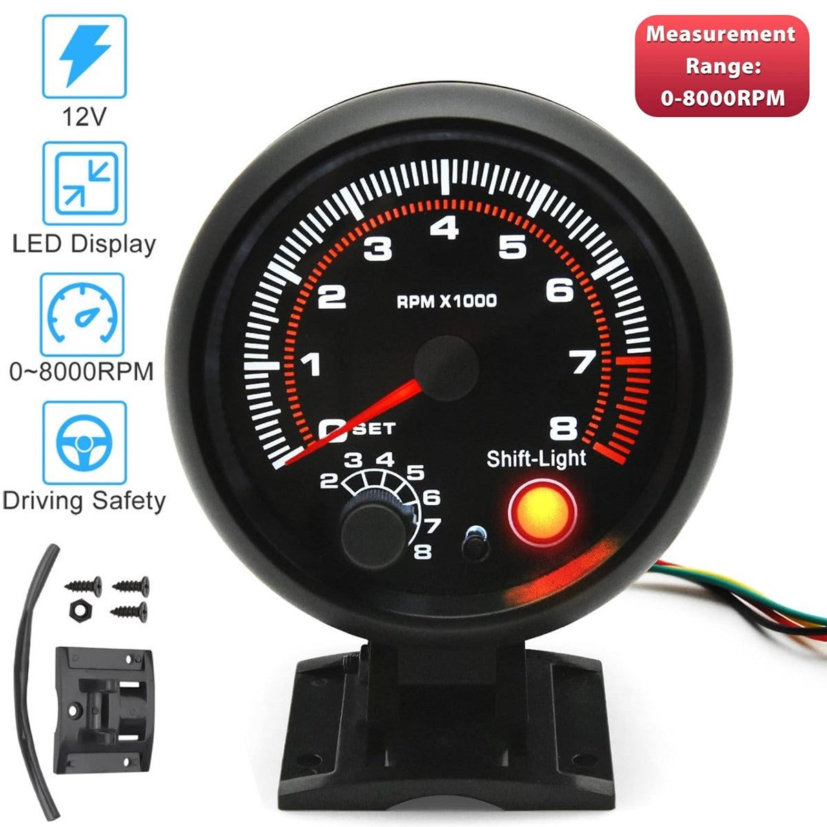 12V 3.75" Universal Car Tachometer Gauge Meter with LED Shift Light 0-8000RPM