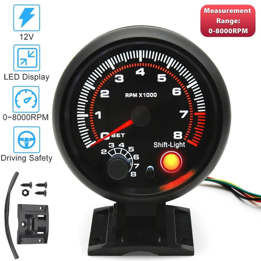 12V 3.75" Universal Car Tachometer Gauge Meter with LED Shift Light 0-8000RPM