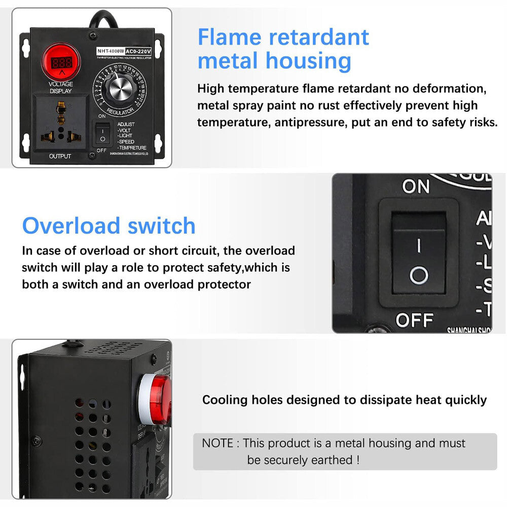 AC 120V~220V 4000W SCR Motor Speed Controller Volt Regulator Thermostat Dimmer