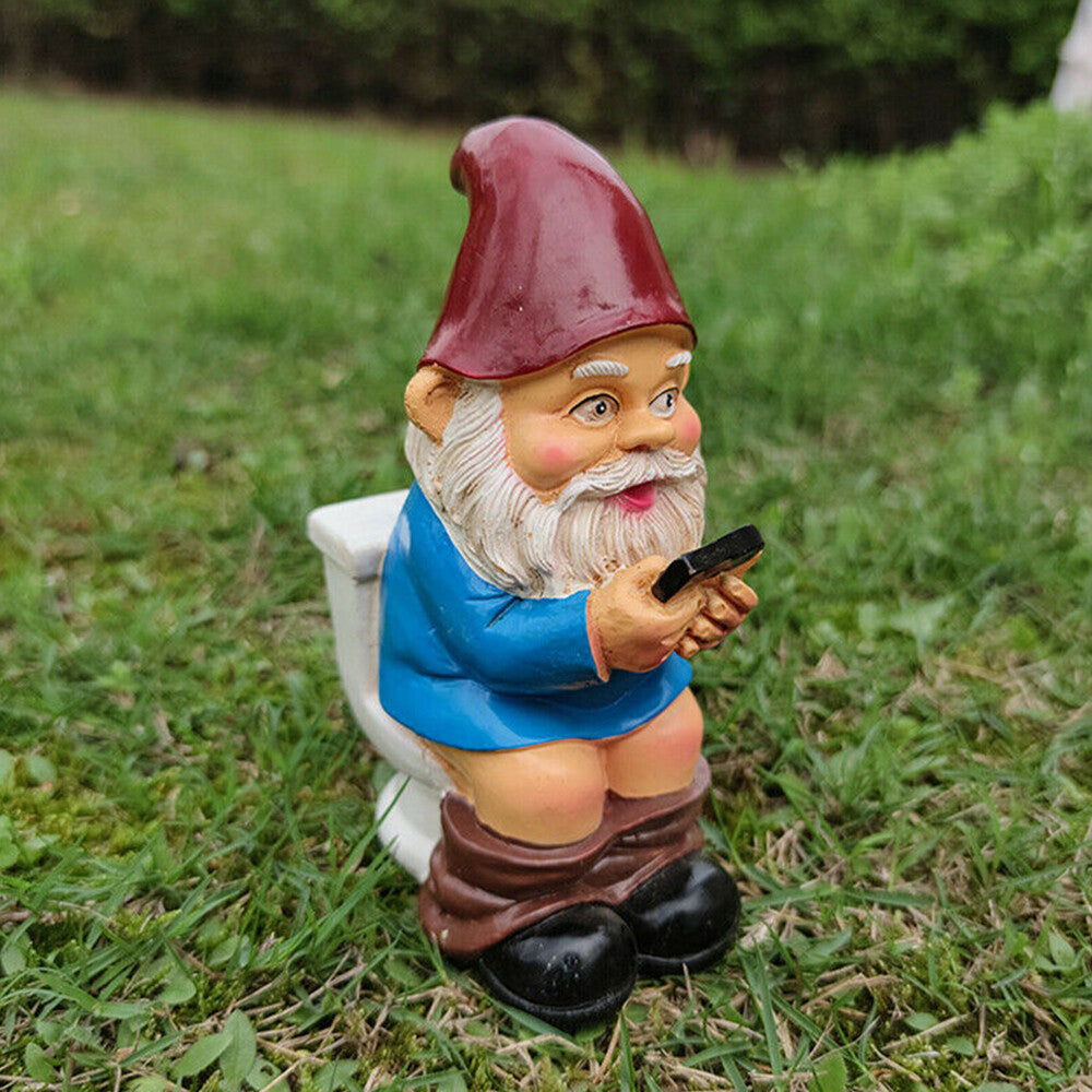 3D Dwarf Toilet Play Phone Statue Garden Gnome Resin Doll Figurines Crafts USA