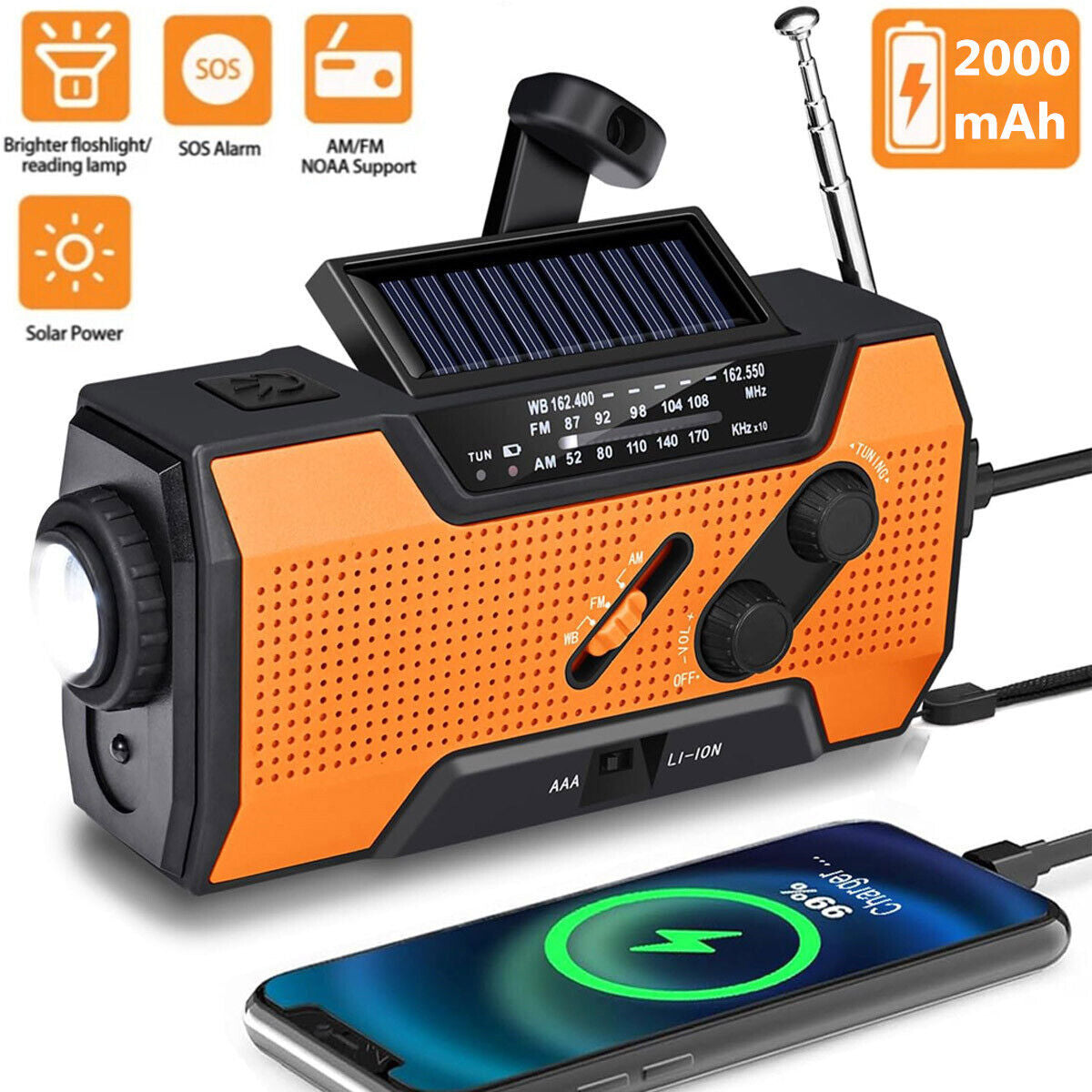 Emergency Solar Hand Crank Weather Radio 2000Mah Power Bank Charger Flash Light
