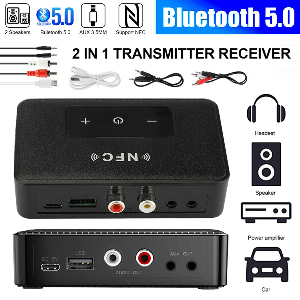 Bluetooth 5.0 Receiver Transmitter Wireless 3.5Mm AUX NFC to 2 RCA Audio Adapter