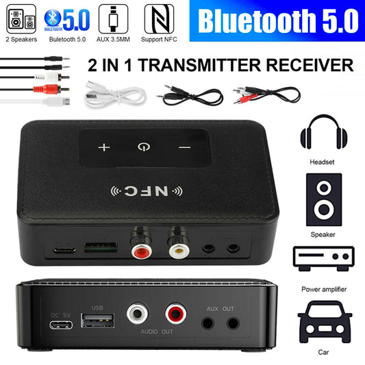 Bluetooth 5.0 Receiver Transmitter Wireless 3.5Mm AUX NFC to 2 RCA Audio Adapter
