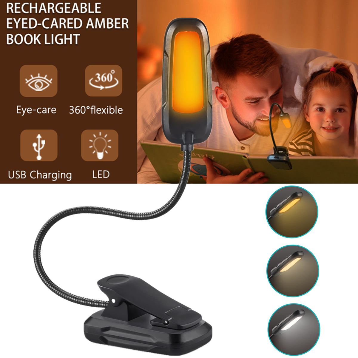 LED Book Light Flexible Rechargeable with 3 Light Modes Easy Clip Reading Lamp