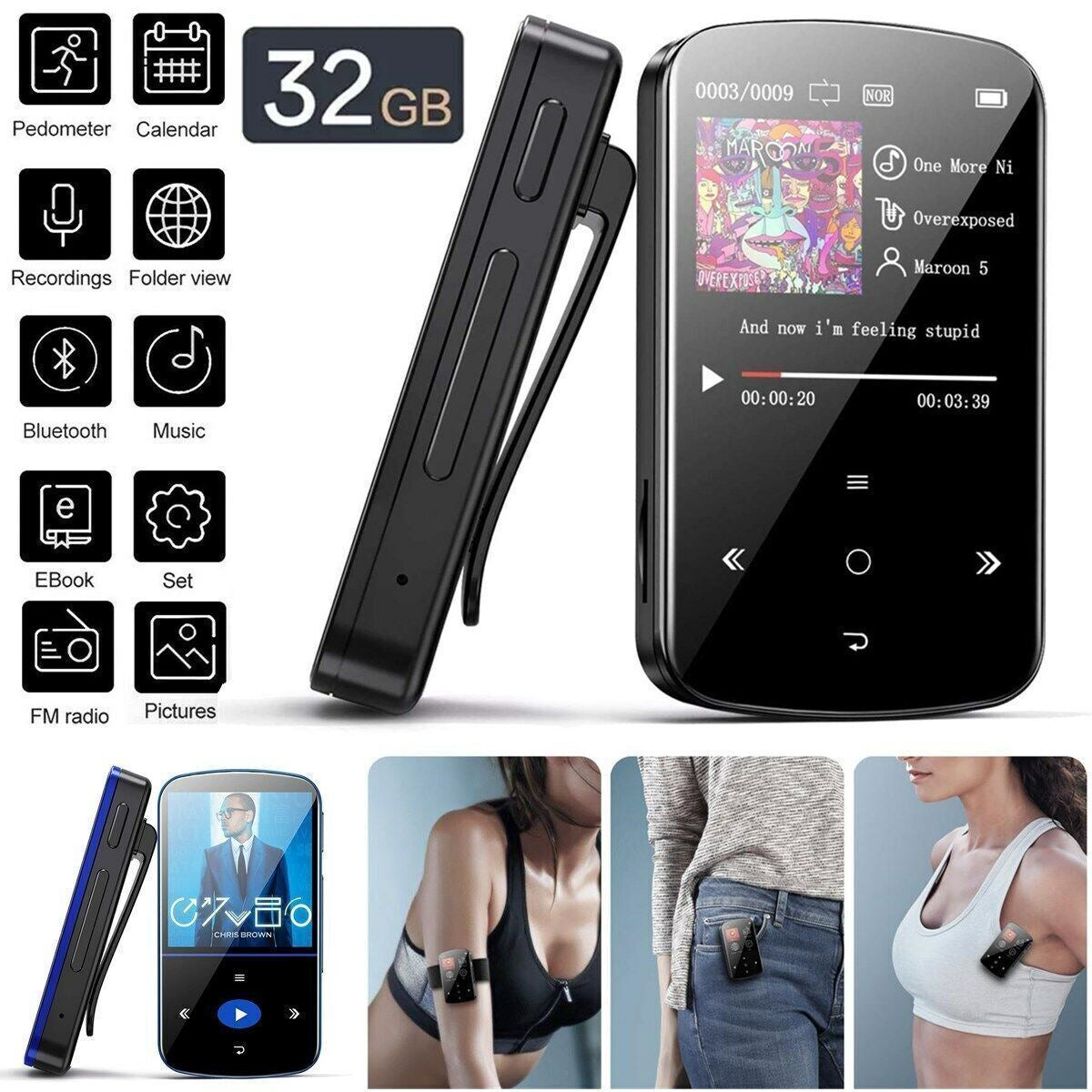 MP3 Player 32GB Hifi Lossless Sound Bluetooth Clip Music Voice Recorder FM Radio