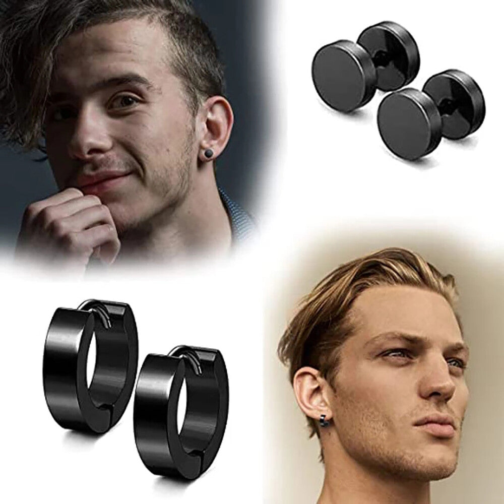 8 Pairs Stainless Steel Punk Black Earrings Stud Piercing Men Hoop Gothic Unisex