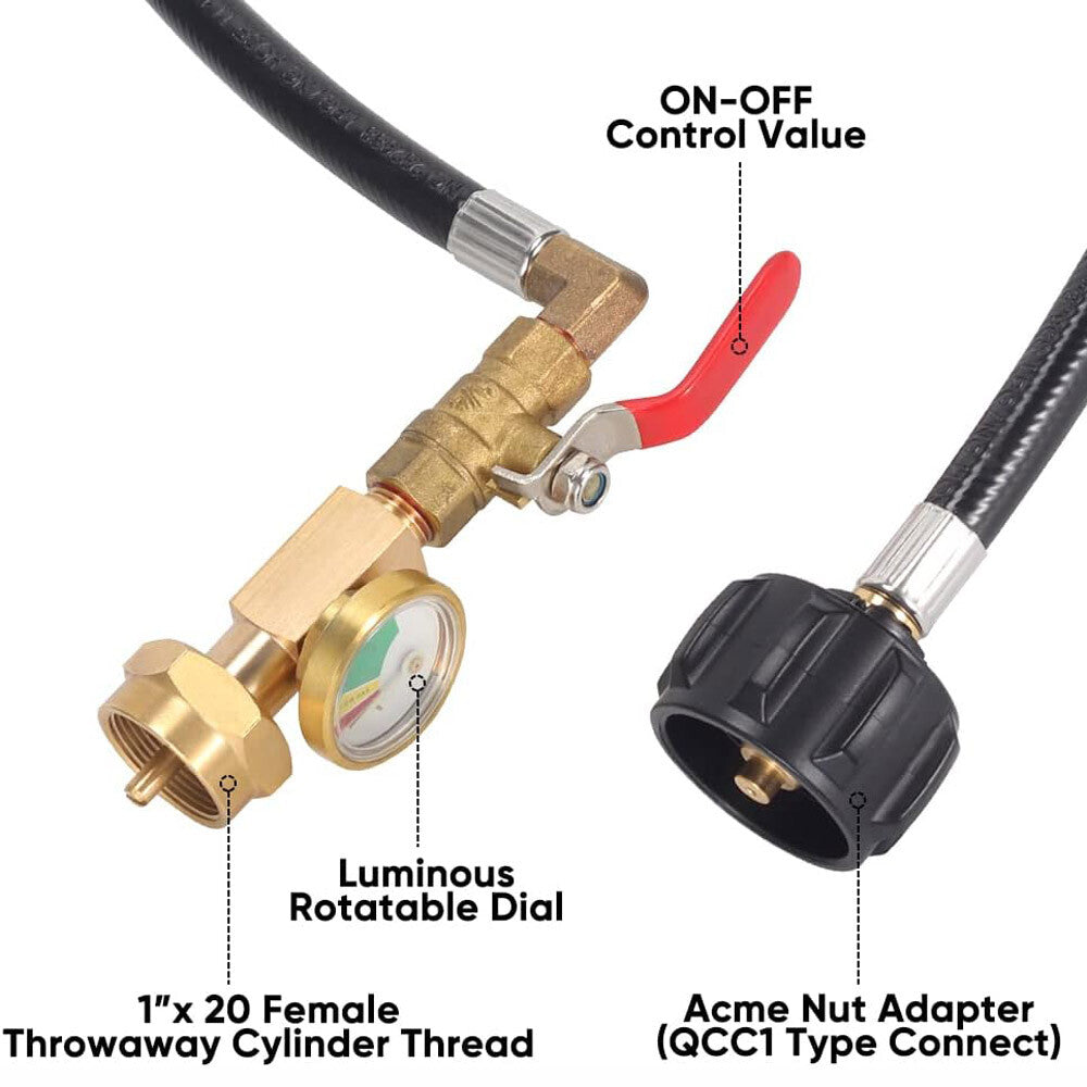 1LB to 20LB Propane Refill Adapter Extension Hose with Gauge On-Off Control 40''