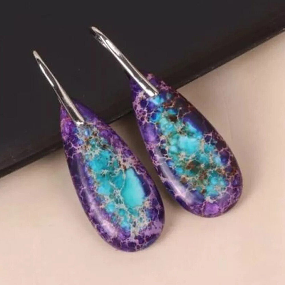 Jasper Stone Teardrop Dangle Earrings Natural Imperial Silver Blue Hook Drop US