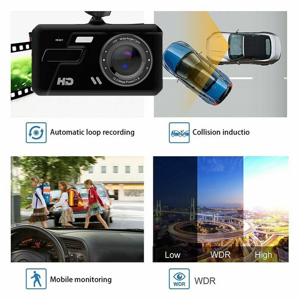 Touch Screen Dash Cam 4" 1080P Dual Lens Car DVR Recorder Front and Rear Camera
