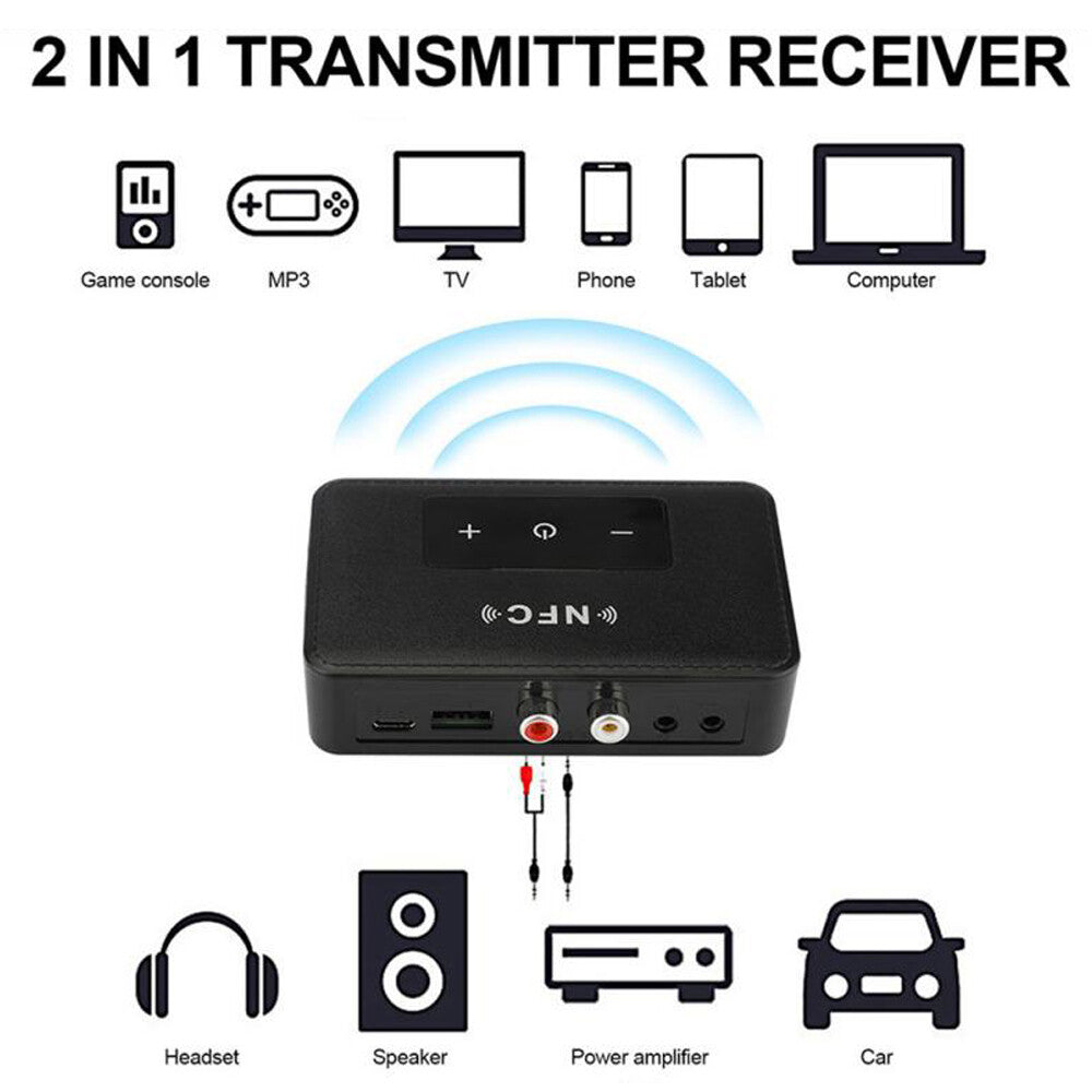 Bluetooth 5.0 Receiver Transmitter Wireless 3.5Mm AUX NFC to 2 RCA Audio Adapter