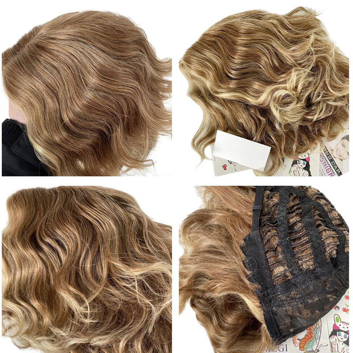 10 Inch Women Short Blonde Curly Wavy Bob Wig Bangs Fluffy Cosplay Party Real US