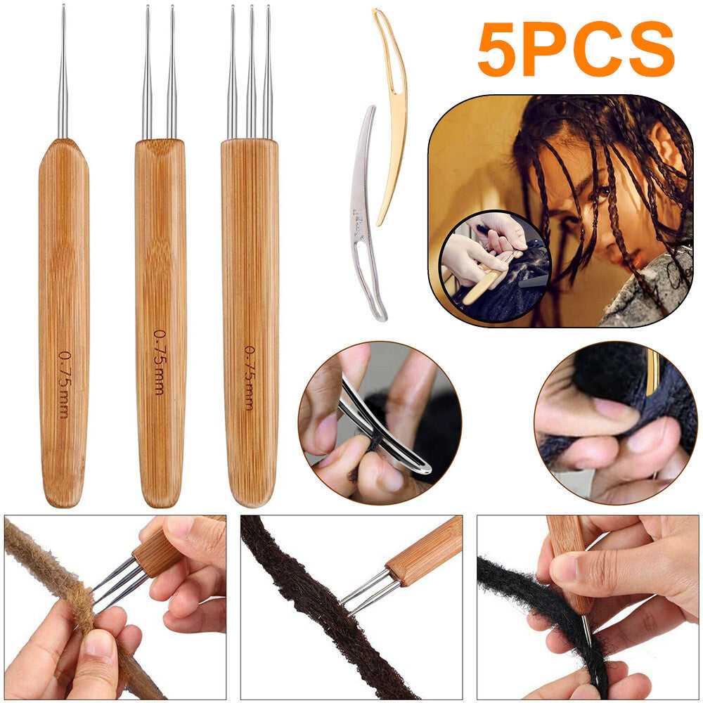 5PCS DIY Crochet Needle Hook Bamboo Handle Dread Knit Hair Making Braiding Tool