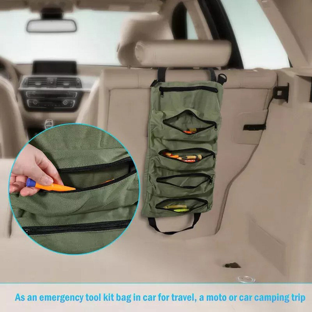 Multi-Purpose Tool Roll up Bag 5 Pocket Wrench Pouch Canvas Hanging Organizer US