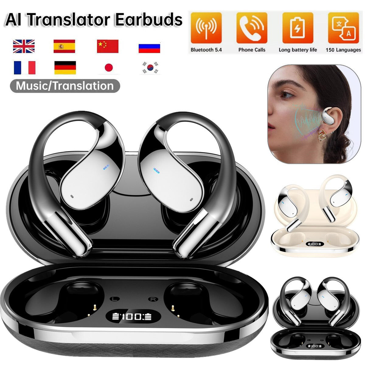 3-In-1 Smart Voice Translation Earbuds 150+ Languages Real Time Translator US