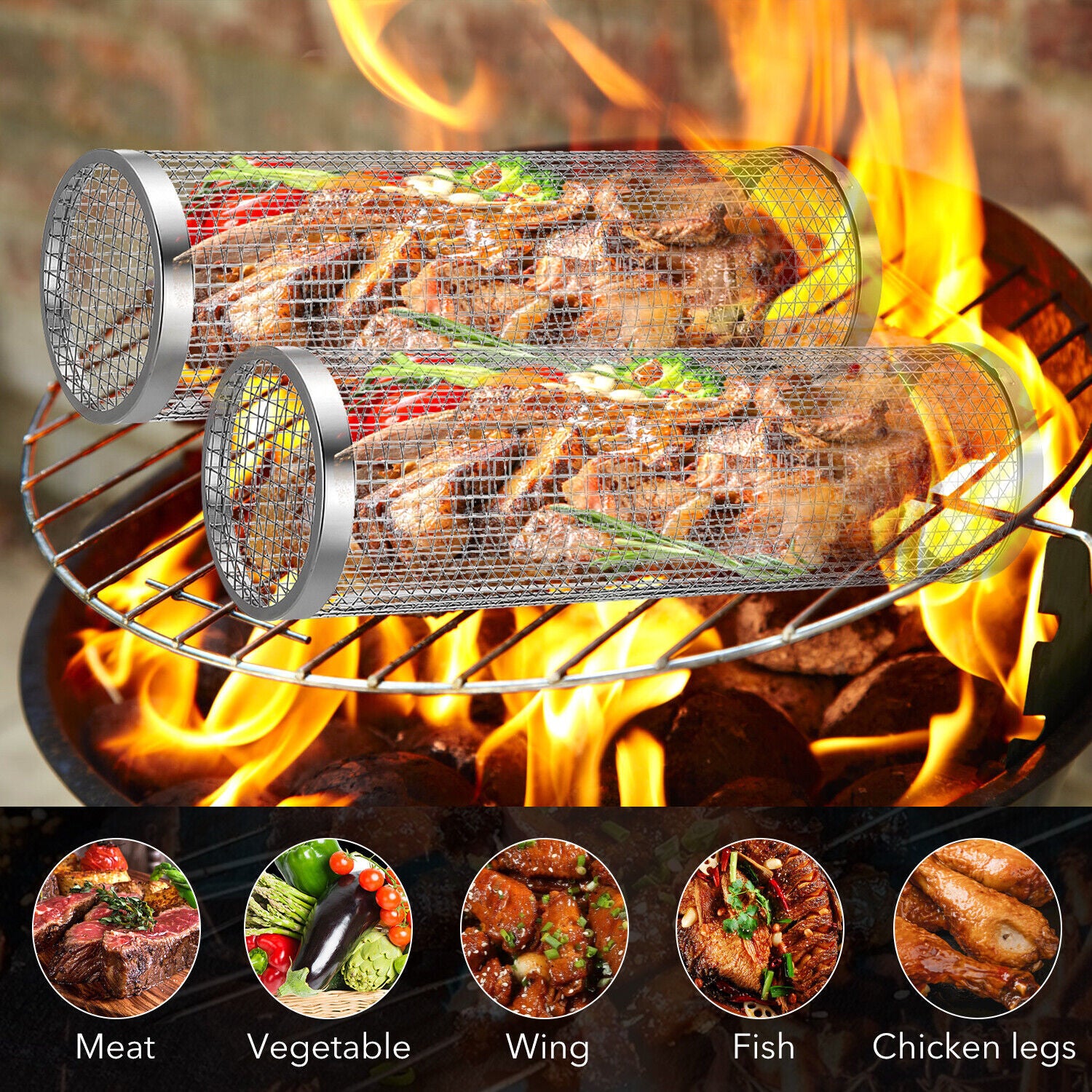2 Pack Rolling Grilling Basket Stainless Steel for BBQ Grill Outdoor Tools US