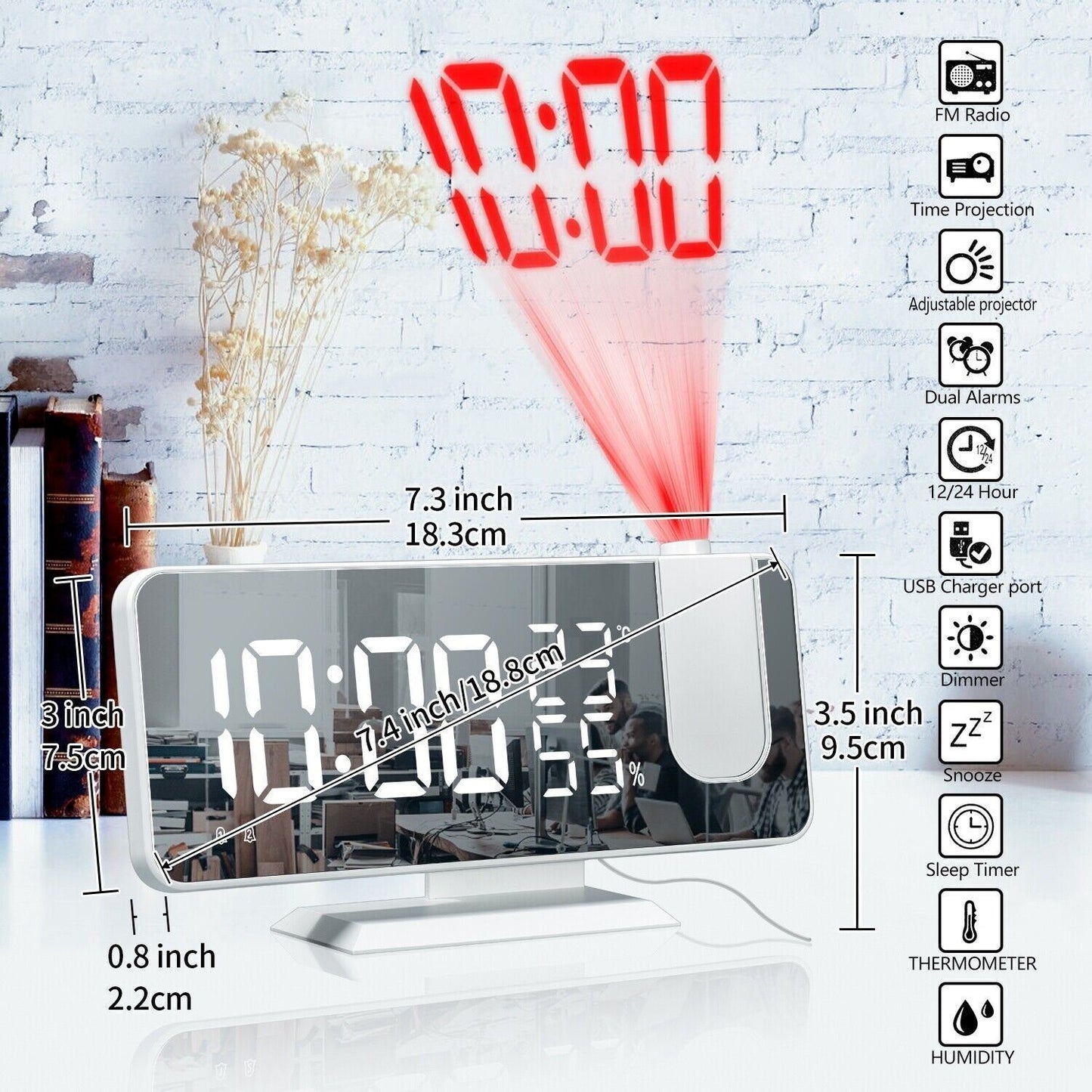 7.5" LED Digital Projector Projection Snooze Dual Alarm Clock FM Radio Timer USB