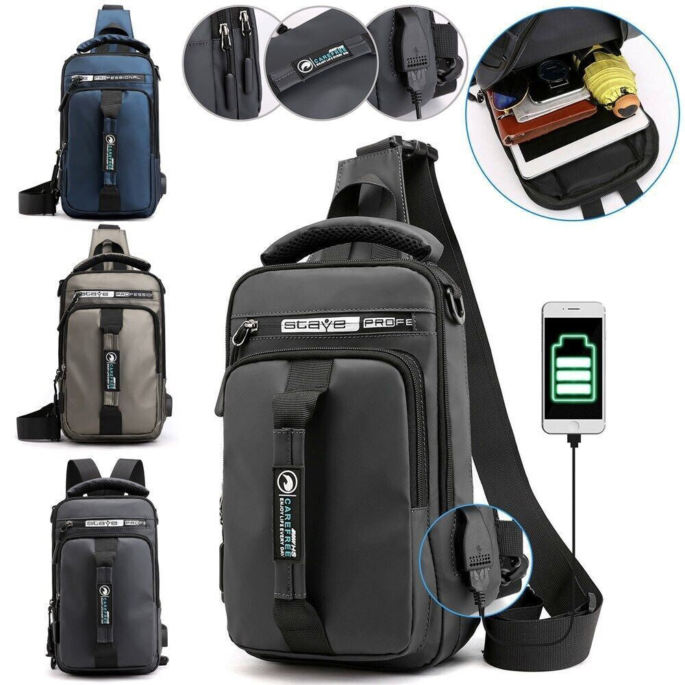 Anti-Theft Men'S Sling Crossbody Bag Chest Shoulder Messenger Backpack USB Port