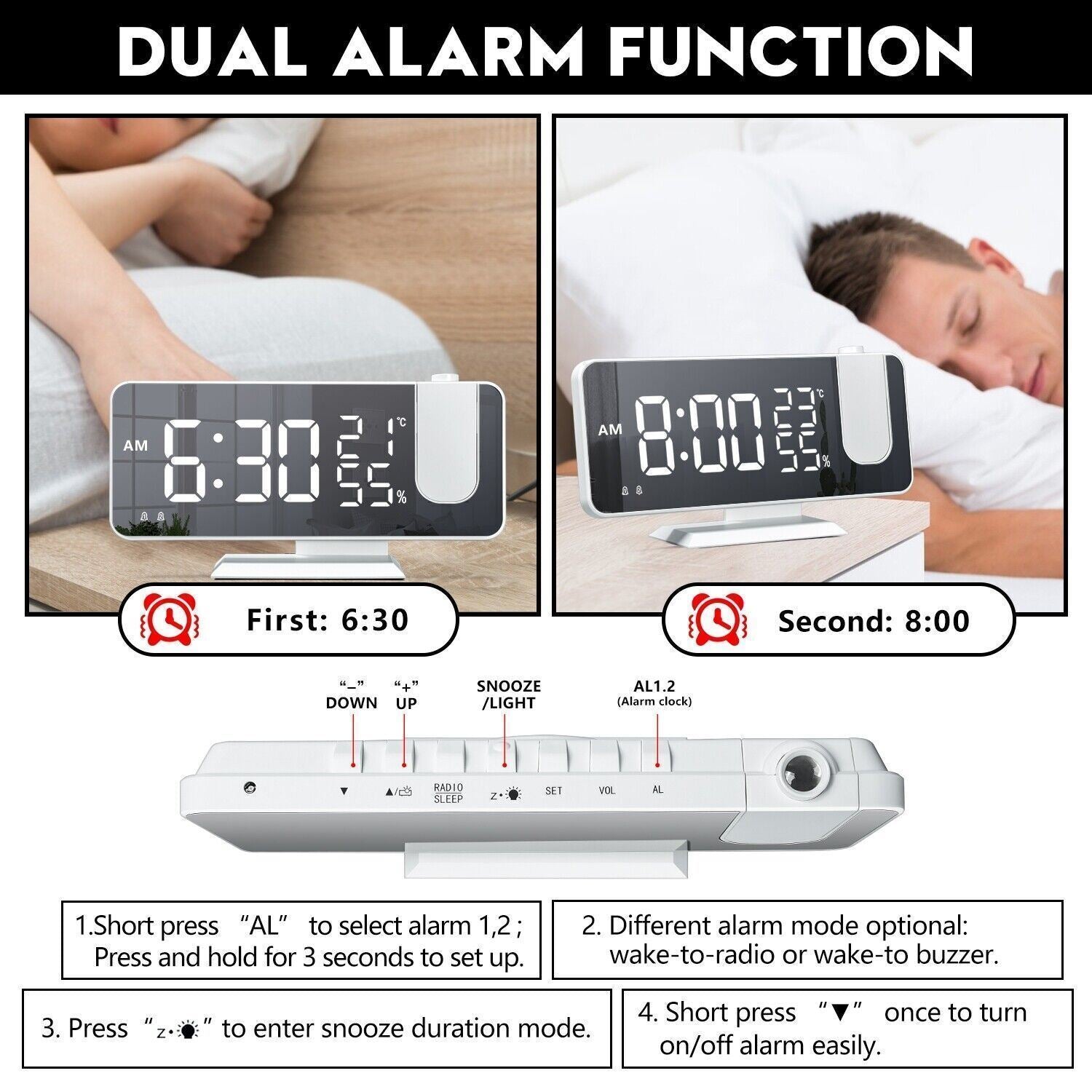 7.5" LED Digital Projector Projection Snooze Dual Alarm Clock FM Radio Timer USB