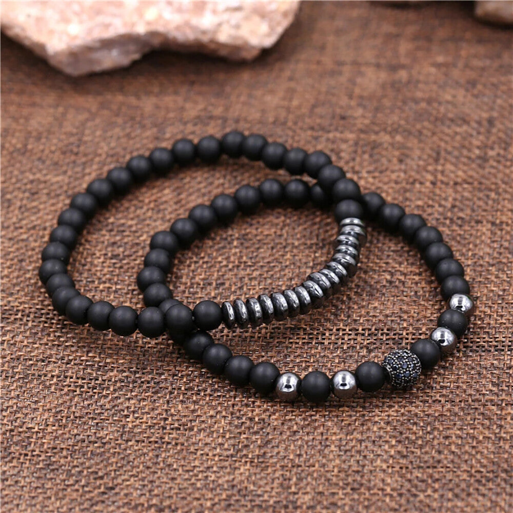 3PCS Black Beads Stainless Steel Bracelet Bangle Jewelry Gift for Men Fashion US