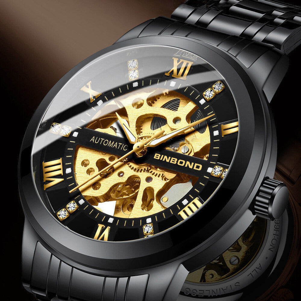 Luxury Men'S Stainless Steel Gold Tone Skeleton Automatic Mechanical Wrist Watch
