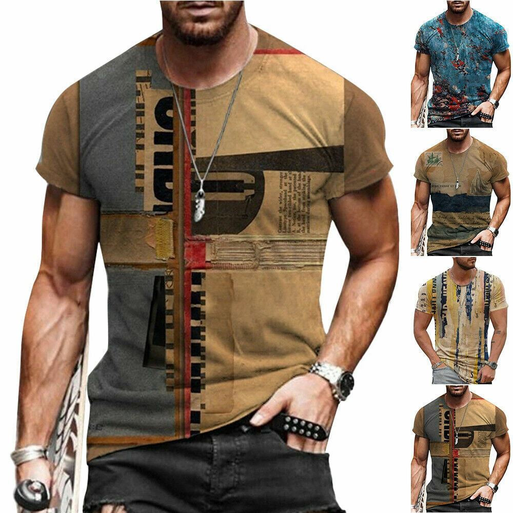 Mens T-Shirt Vintage Short Sleeve Blouse Summer Casual Fitness Tops Tee 2022 US