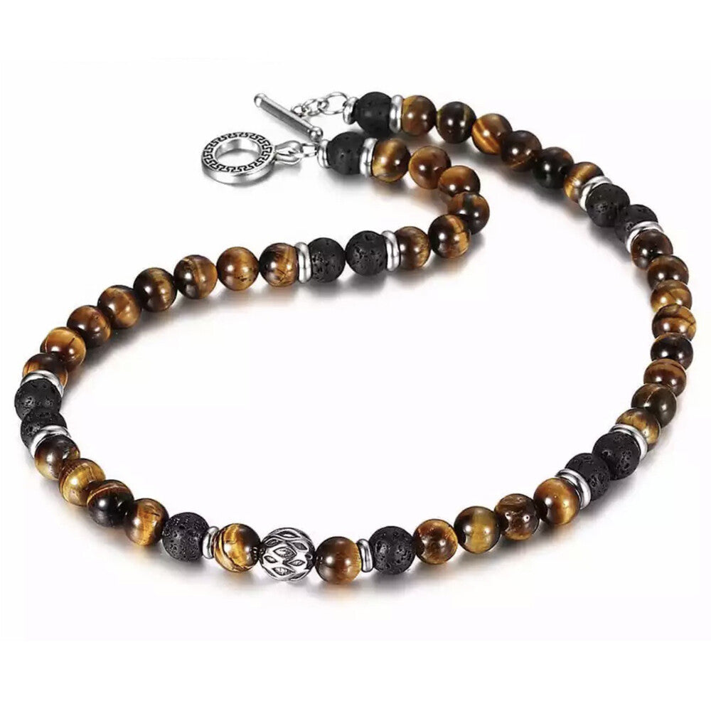 Men'S 8Mm Natural Tiger Eye Lava Bead Necklace Stainless Steel Toggle 18/20/24"