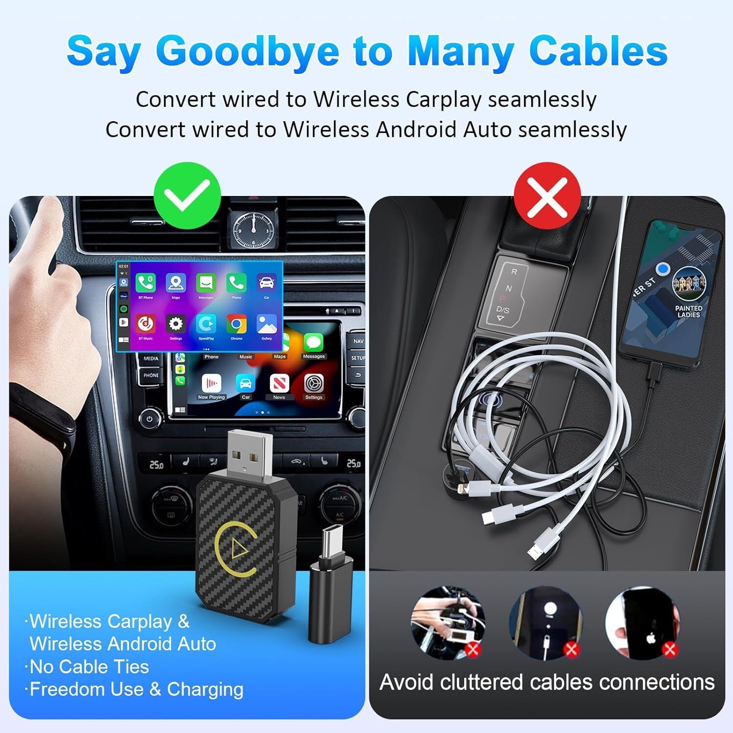 Mini Wireless Carplay Adapter for Apple Plug & Play Low Latency Converts Wired