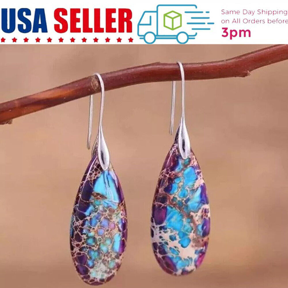 Jasper Stone Teardrop Dangle Earrings Natural Imperial Silver Blue Hook Drop US