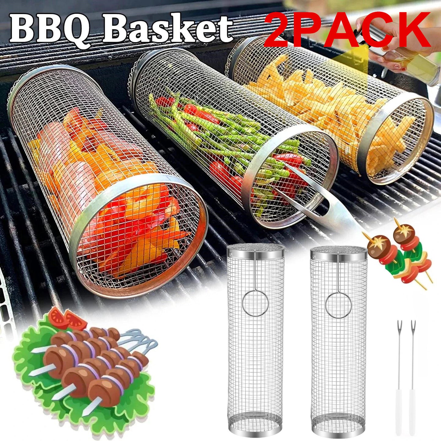 2 Pack Rolling Grilling Basket Stainless Steel for BBQ Grill Outdoor Tools US