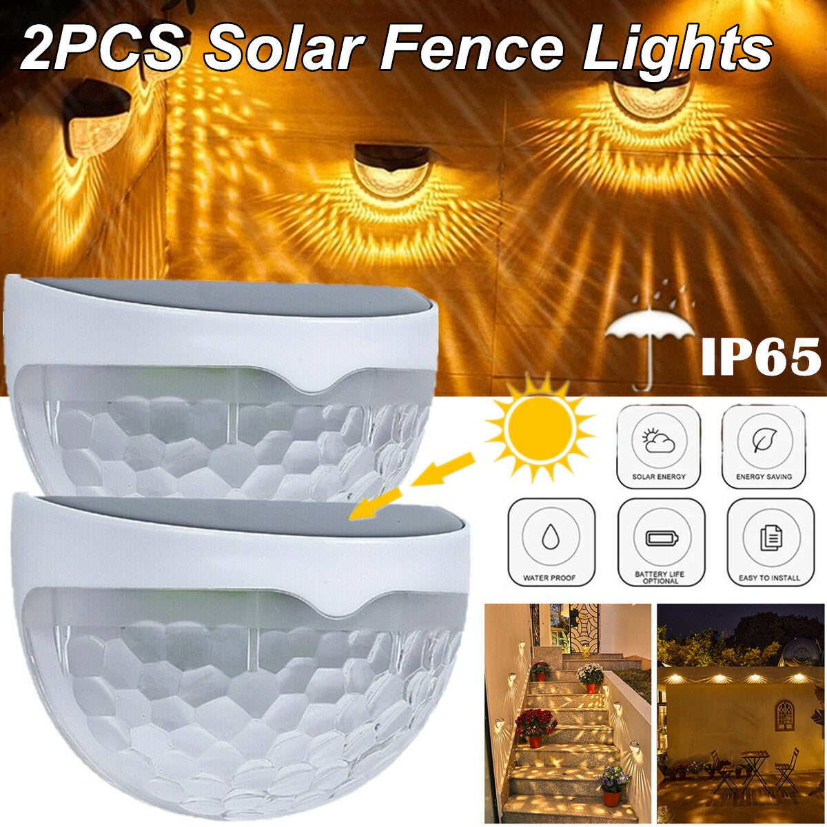 2PCS Solar Fence Lights Outdoor Garden Waterproof Wall Mount Decorative Lights