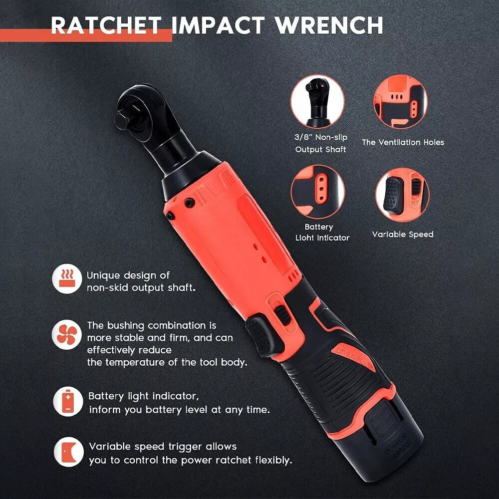 Electric Cordless Ratchet 3/8" Right Angle Wrench Impact Power Tool + 2 Battery