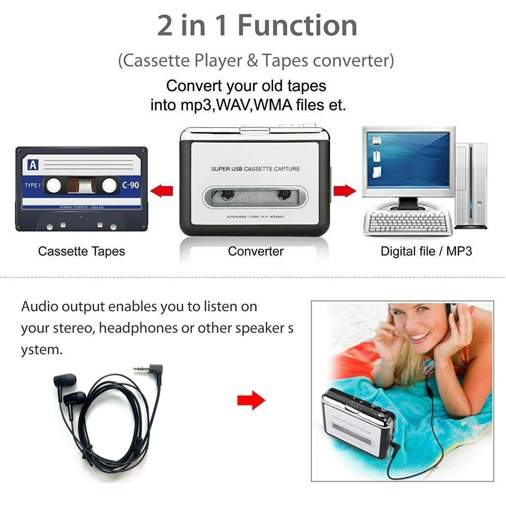 Portable Cassette Player Converter Recorder Convert Tapes to Digital MP3 USB US