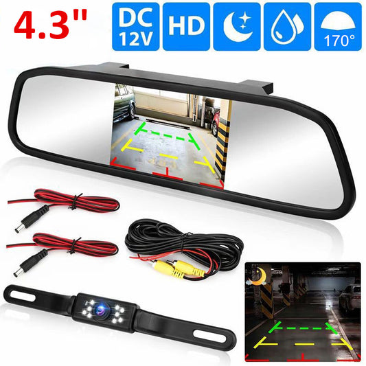 4.3" Backup Camera Mirror Car Rear View Reverse Night Vision Parking System Kit