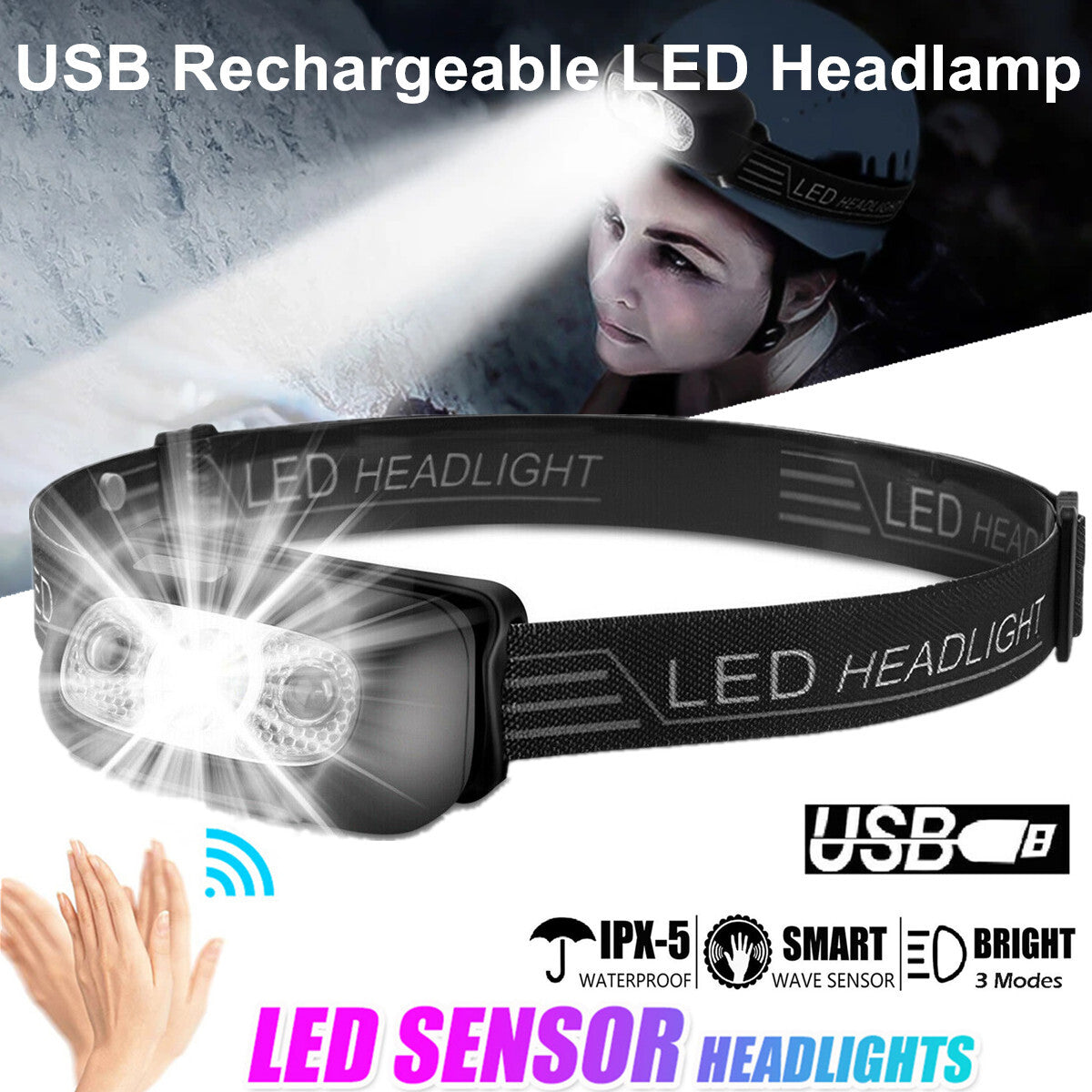 LED Headlamp USB Rechargeable Flashlight Waterproof Head Lamp Torch Camping USA