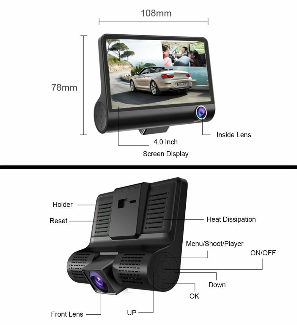 1080P 4" Dual Lens HD Car DVR Rearview Video Dash Cam Recorder Camera G-Sensor