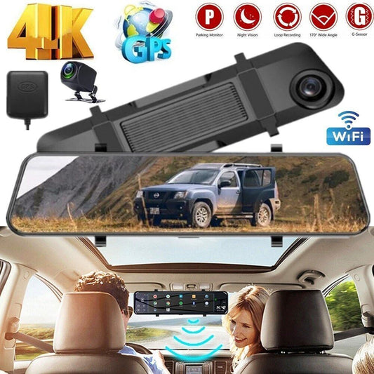 4K 12" Dash Cam Mirror GPS Wifi Voice Control Car Rear View Backup Dual Camera