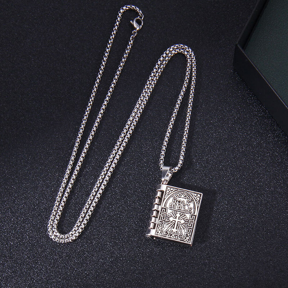 Bible Book Pendant Necklace Vintage Silver Cross Unique Jewelry for Men Women US