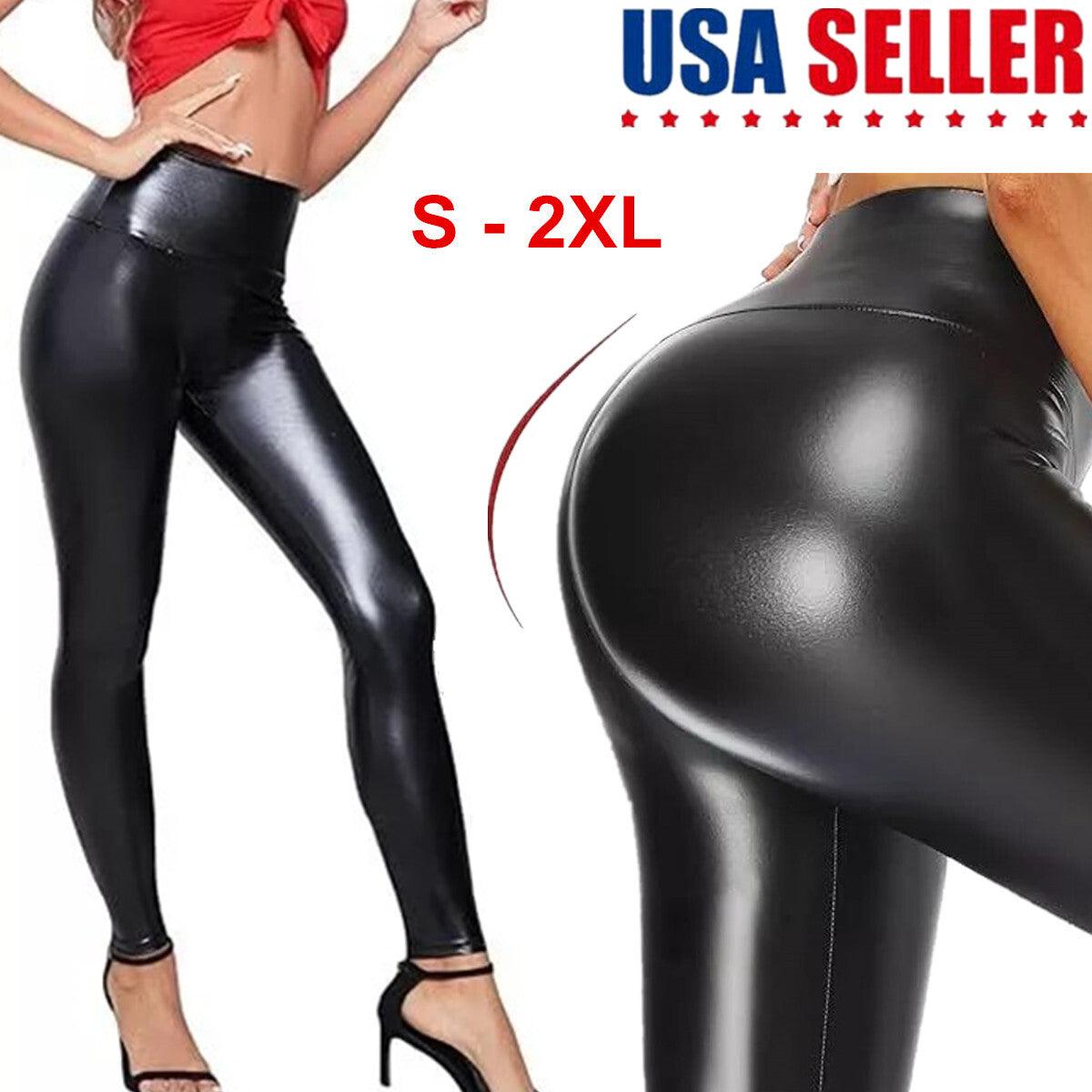Women Stretchy Faux Leather Leggings Casual PU Pants High Waist Pencil Trousers