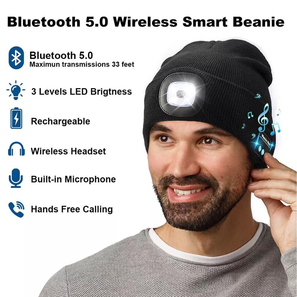 Bluetooth LED Beanie Hat with Music Speakers Mic Rechargeable Cap Head Lamp Gift