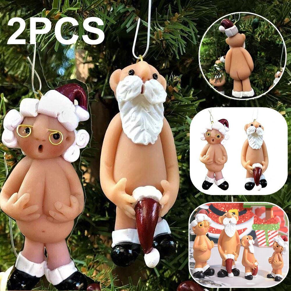 2PCS Resin Santa Claus Ornament Naked Santa Naughty Funny Christmas Tree Pendant